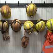 helmets on a wall